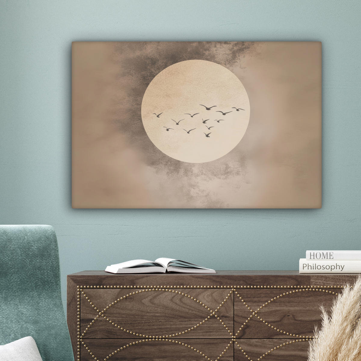 LEINWANDBILD Vogel - Beige - Japanisch Wanddeko 90x60 cm - Taupe, Textil (90/60cm) - MuchoWow