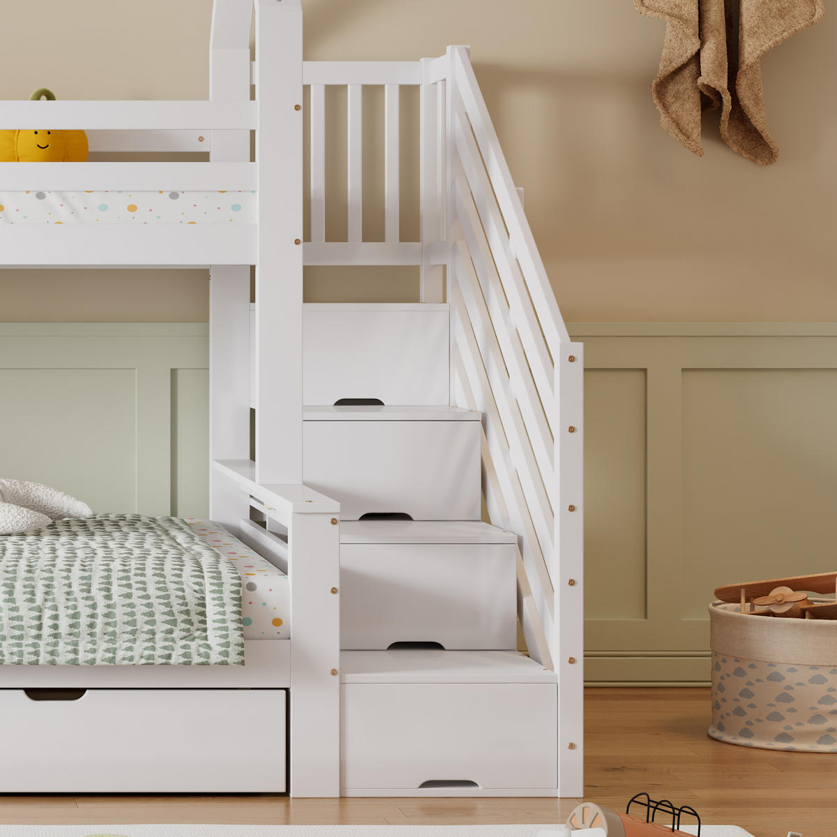 HAUSBETT 90/200 cm & 140/200 cm Weiß mit Treppenschrank und Schubladen - Weiß, Holzwerkstoff (90/200cm) - Flora Grace