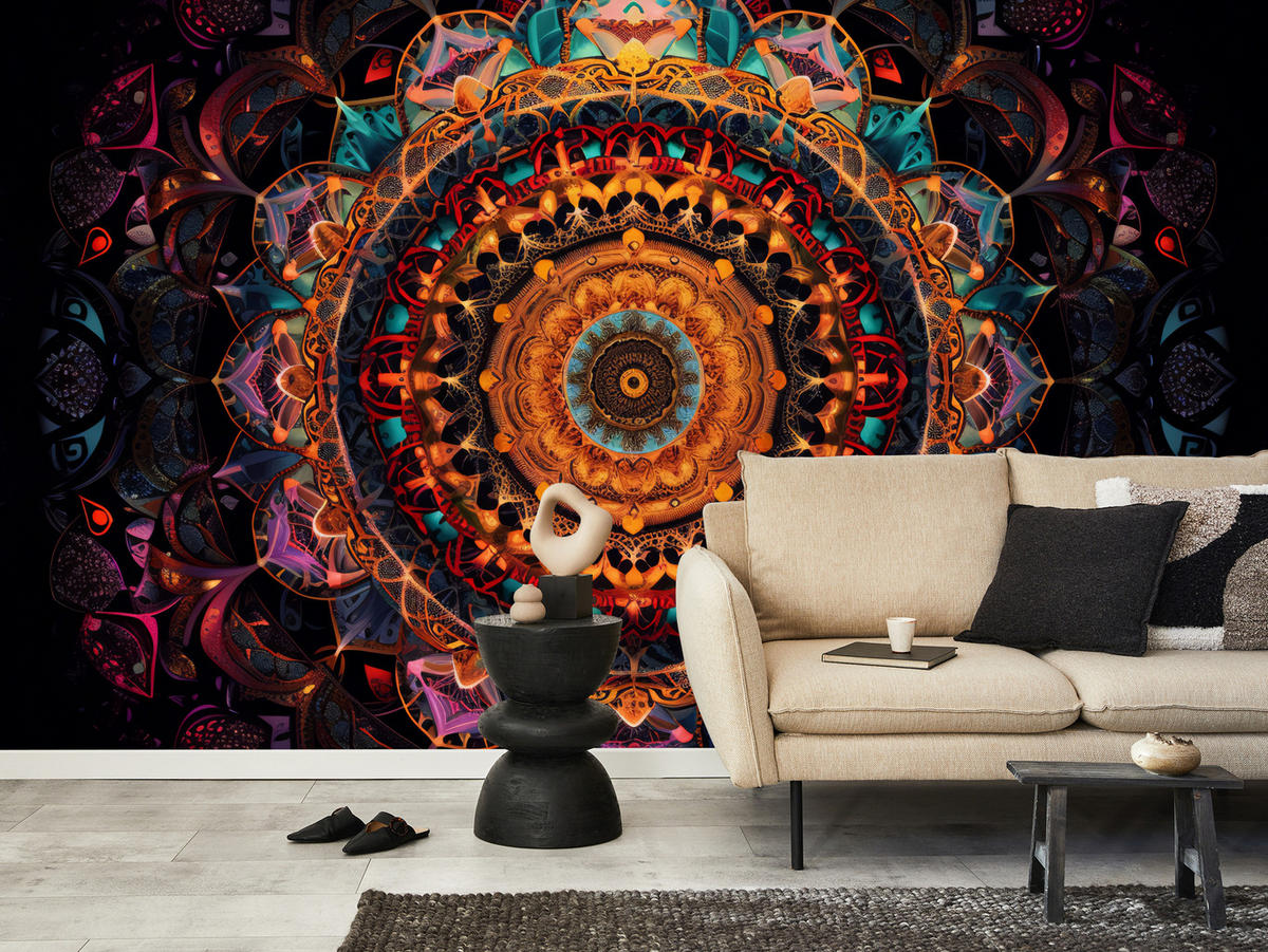 FOTOTAPETE für Schlafzimmer Bunte Mandala Vintage Orientalisch Harmonisch 400x280 - Gelb/Rot, Papier (400/280cm) - Muralo