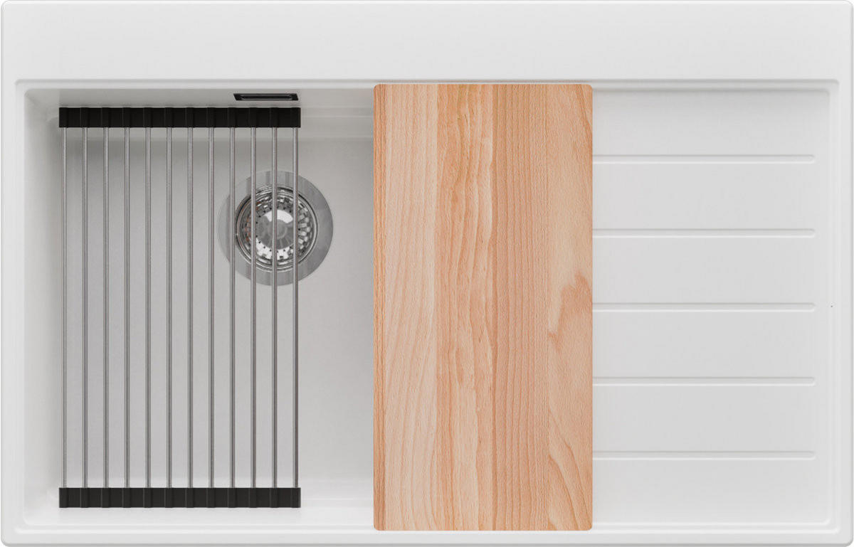 SPÜLBECKEN Sydney, 2-er set Weiß 78/50 cm 1 Becken + Ablauf-Set + Küchenzubehörset ab 50er Unterschrank - Chromfarben/Beige, Kunststoff (78/20/50cm) - Primagran