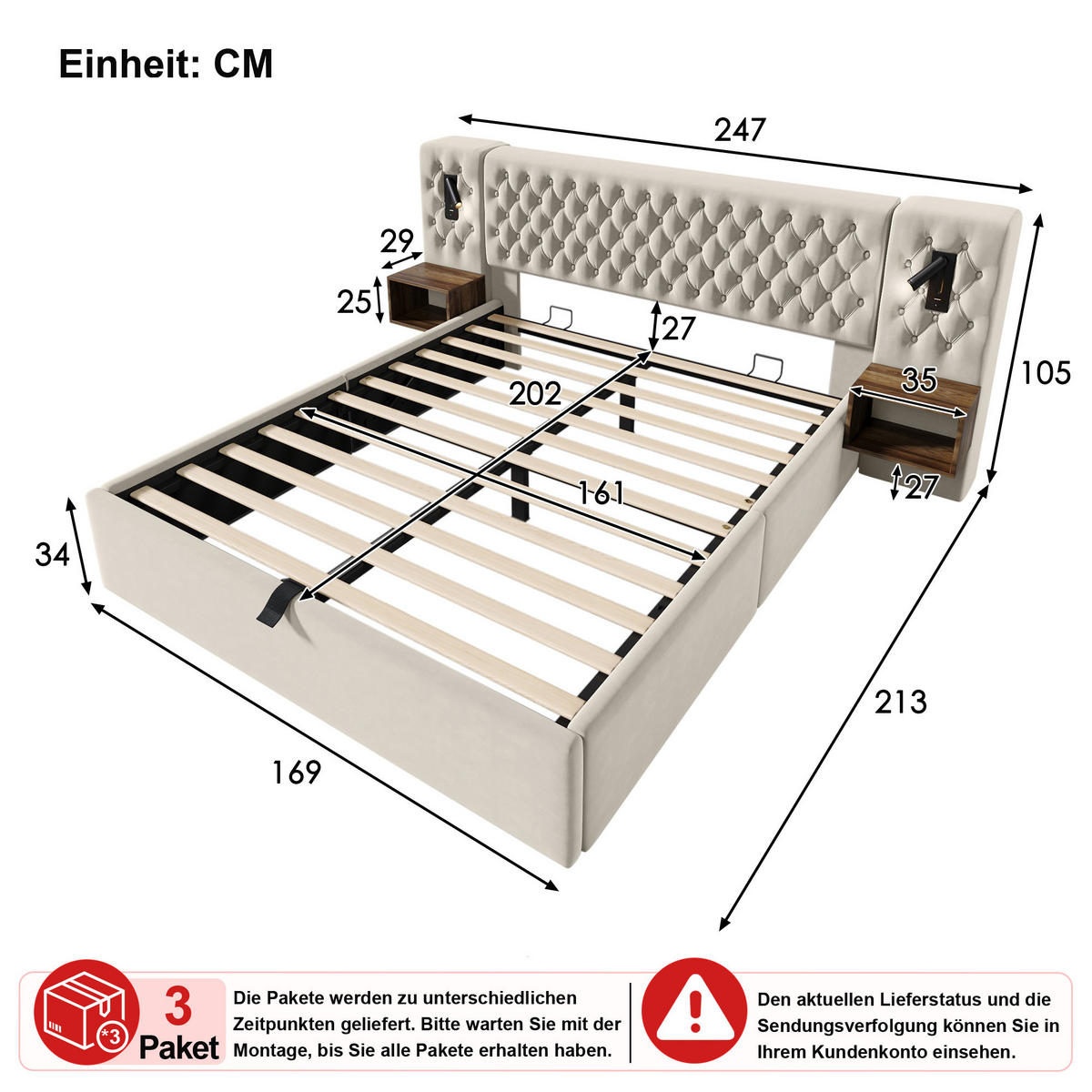 BETTANLAGE 160/200 cm in Beige mit Stauraum, Leselampen, USB und Type-C Samt - Beige, Holzwerkstoff/Textil (160/200cm) - CHICFURN