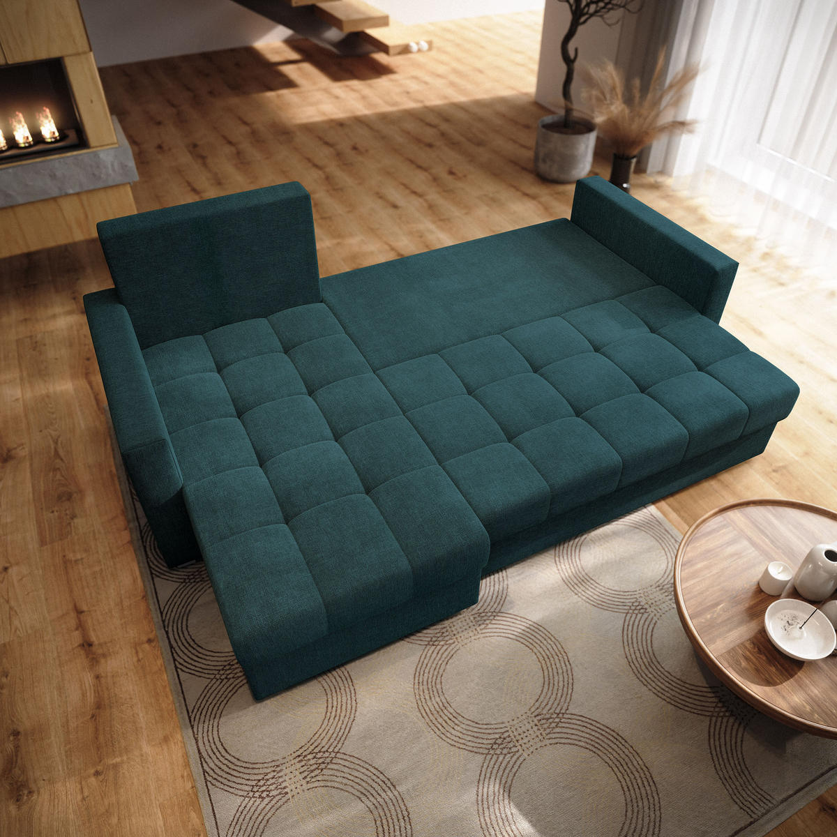 ECKSOFA NIDA Petrol Geflochtener Stoff mit Schlaffunktion - Petrol, Holz (220/143cm) - MASSENO