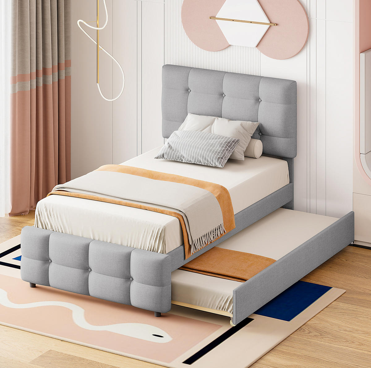 POLSTERBETT 90/200 cm grau mit ausziehbarem Bett und verstellbarem Kopfteil - Grau, Textil (90/200cm) - OKWISH