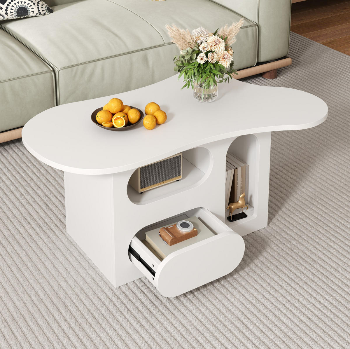 COUCHTISCH 97/45/43.5 cm in Weiß aus Spanplatte mit Schubladen und offenen Ablagefächern - Weiß, Holzwerkstoff (97/45/43.5cm) - OKMYHOME