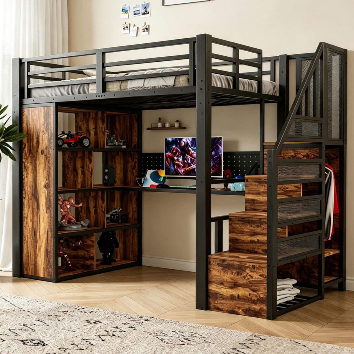 HOCHBETT 90x200cm mit Schreibtisch Schrank LED Schwarz - Schwarz, Metall (90/200cm) - FLIEKS