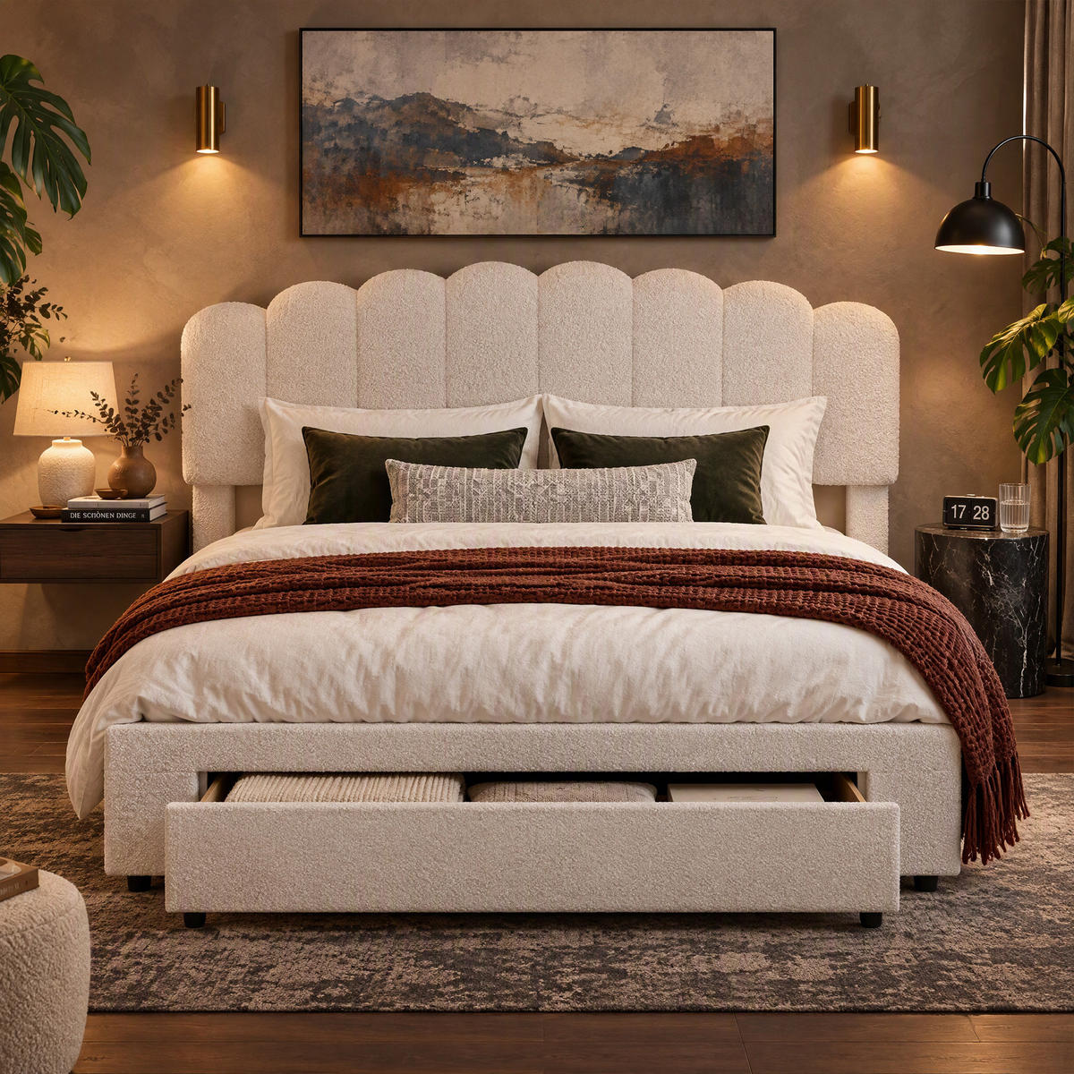 POLSTERBETT 140x200 cm mit Stauraum, Doppelbett mit Schubladen, USB und Typ-C, Lattenrost, verstellbares Kopfteil, Teddy-Fleece Beige - Beige, Holz/Metall (140/200cm) - GENKI LIVING