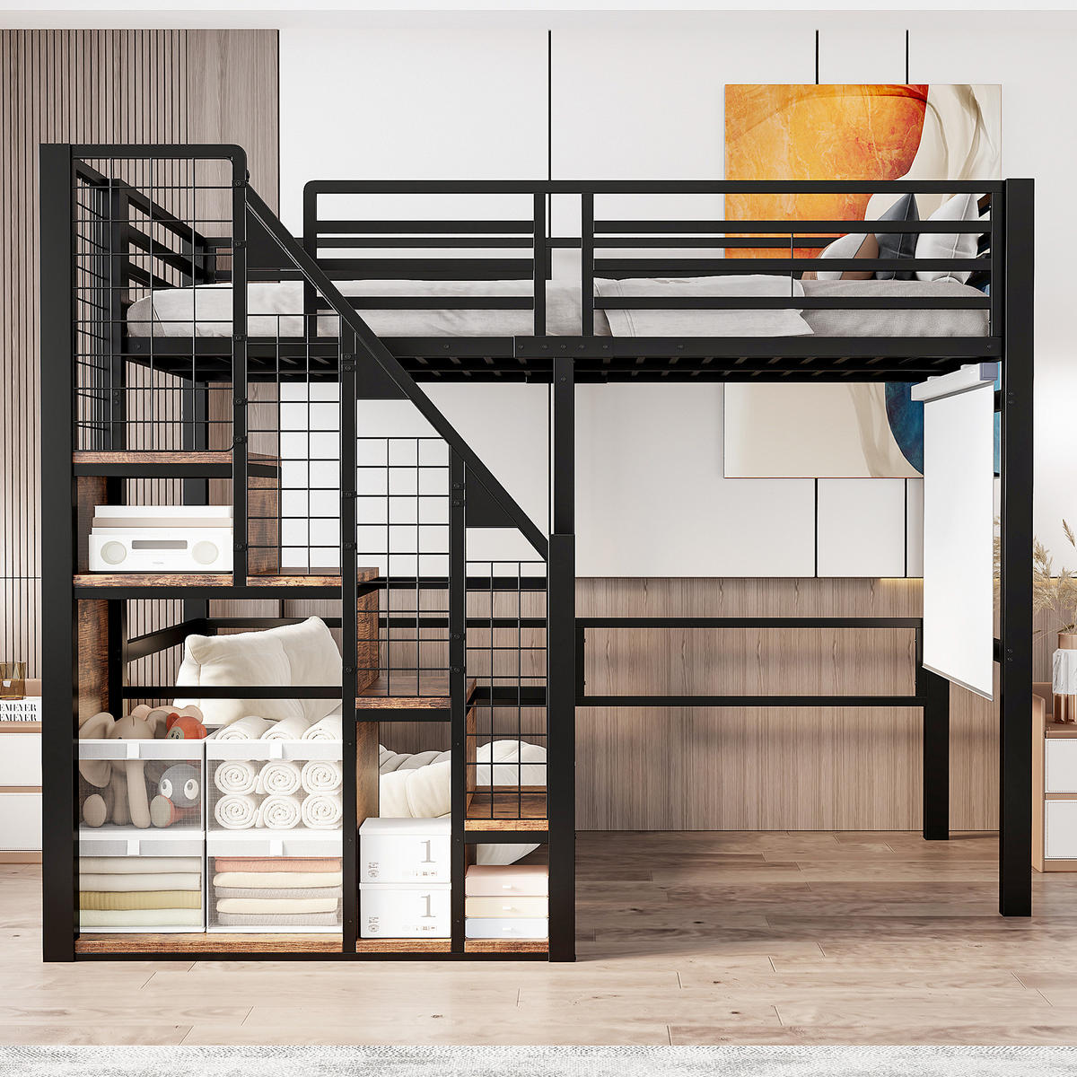 HOCHBETT 90/200 cm Schwarz aus MDF und Metall mit Stauraum - Schwarz, Metall (90/200cm) - OKMYHOME