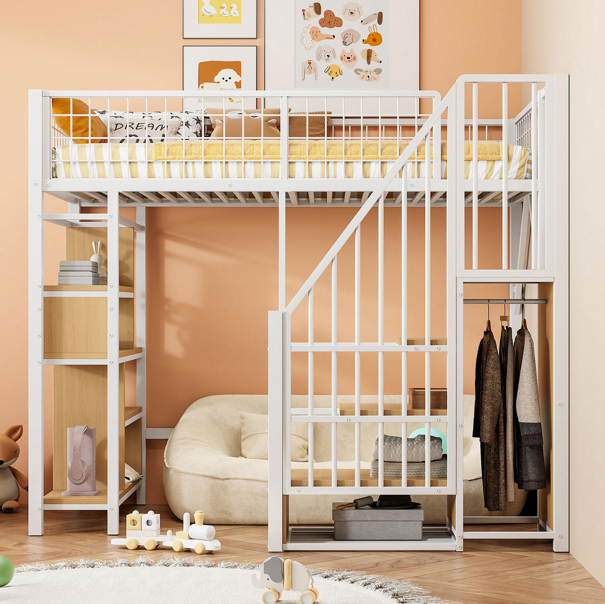 VYSOKÁ postel 90/200 cm bílá kovová se schodišťovým úložným prostorem a s odkládacími plochami - bílá, kov (90/200cm) - OKWISH