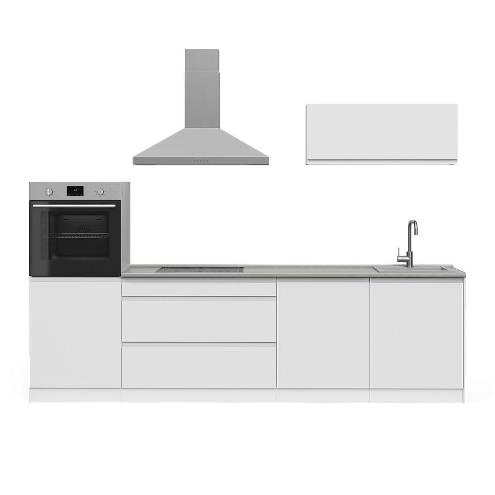 KÜCHENZEILE R-Line, Weiß/Weiß, 280 cm Arbeitsplatte Satin - Weiß, Holzwerkstoff (280/143/60cm) - Vicco