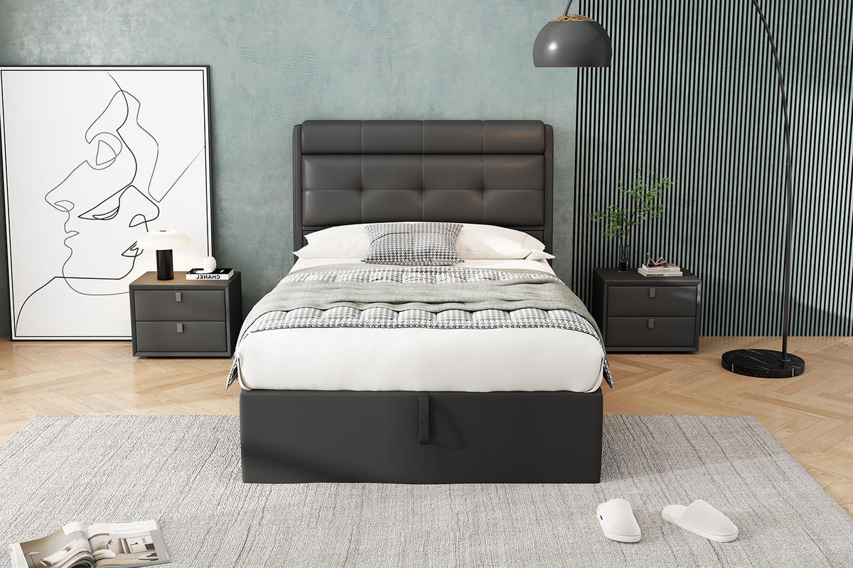 POLSTERBETT 90/200 cm Schwarz hydraulisches Bett mit Lattenrost und verstecktem Stauraum - Schwarz, Kunststoff (90/200cm) - OKWISH