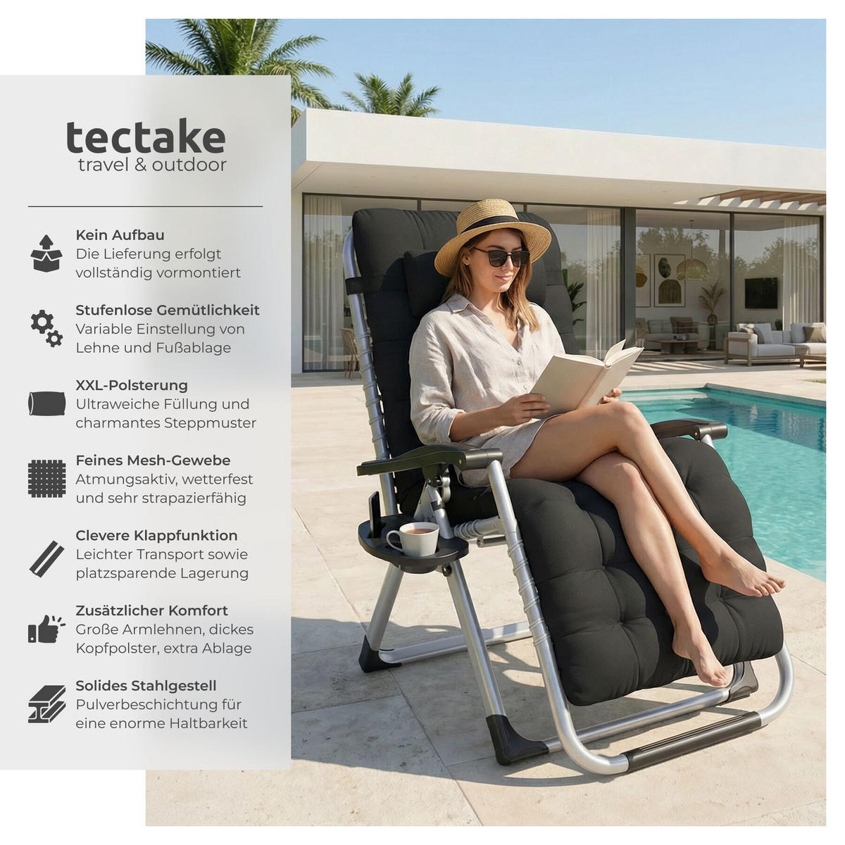 SONNENLIEGE 2er Set Cloud, 84 x 168 x 82,5 cm, mit Ablagetisch, schwarz - Schwarz, Kunststoff (84/103/113cm) - tectake