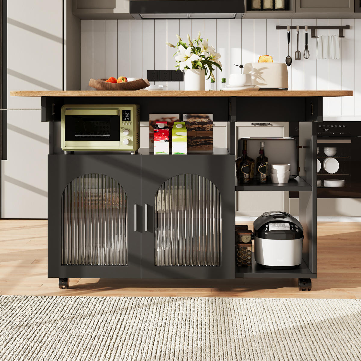 KÜCHENINSEL in Schwarz und Naturfarben Servierwagen mit Glastüren für Küche und Esszimmer, B120/T30/H79.5 cm - Schwarz/Naturfarben, Glas/Holzwerkstoff (120/79.5/70cm) - STILVORA