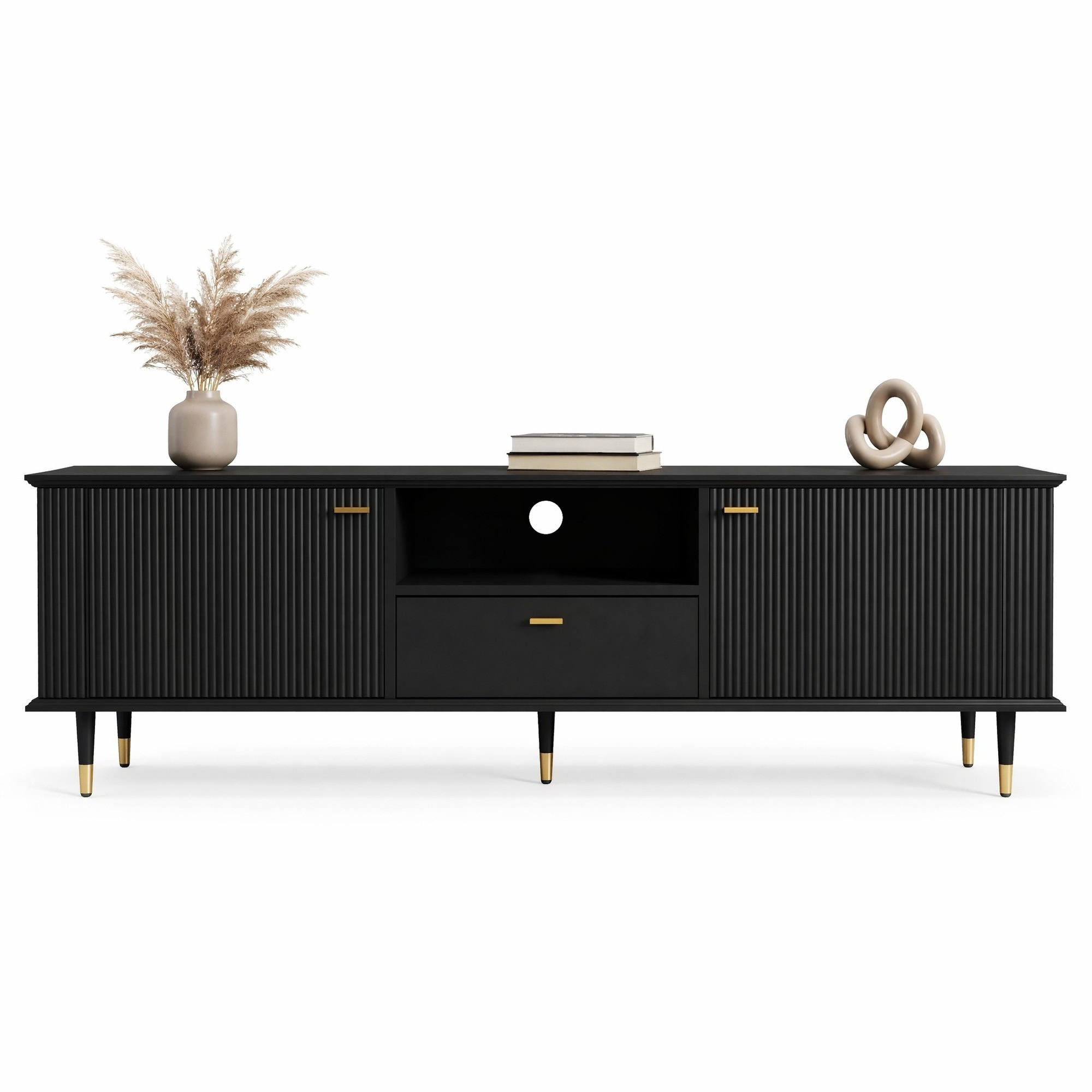 LOWBOARD in Weiß TV-Schrank mit offenen Fächern , Schubladen und Soft-Close-Scharniere, B170/T36/H54cm - Schwarz, Holzwerkstoff/Metall (170/54/36cm) - STILVORA