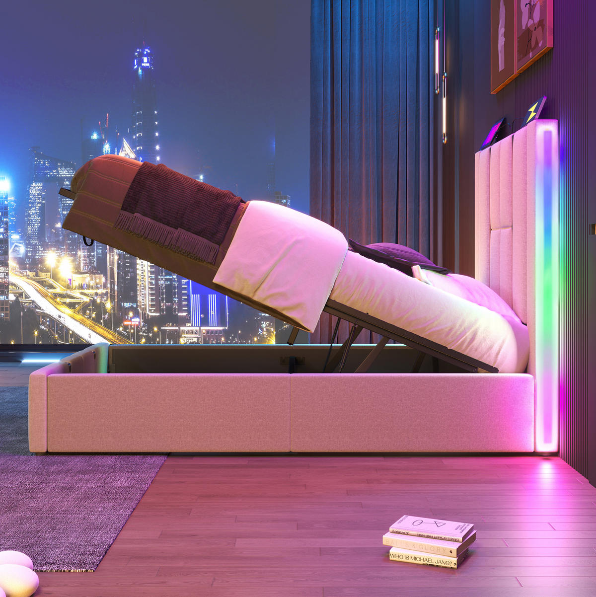 BETT mit Stauraum 90x200 cm Leinen Beige mit LED - Beige, Metall (90/200cm) - Meubliv