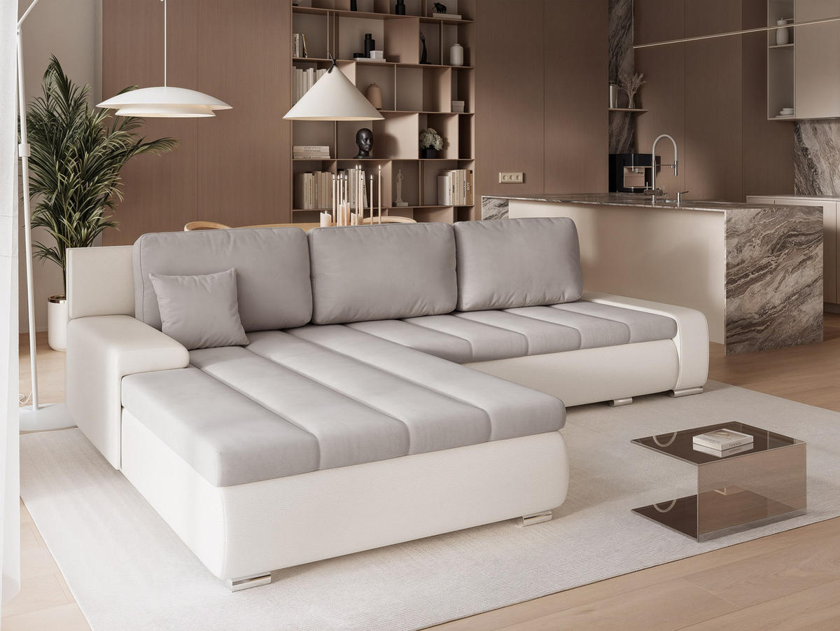 ECKSOFA VELANO mit Schlaffunktion und Bettkasten Creme/Hellgrau - Hellgrau, Holzwerkstoff/Kunststoff (250/90cm) - Idohome