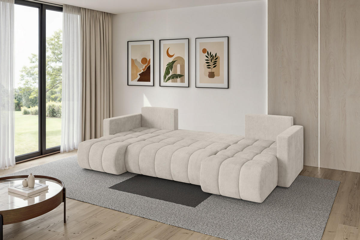 SEDACÍ SOUPRAVA DO U s funkcí spaní a úložným prostorem GARD-U 300x146x85 krémová manšestr - černá/krémová, kompozitní dřevo/textil (300/85/146cm) - ALTDECOR
