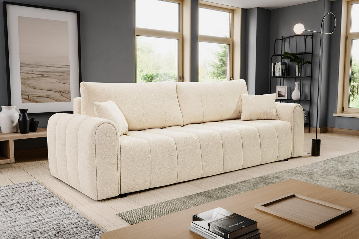 BETTSOFA FINO Creme Bucle-Stoff mit Schlaffunktion - Creme, Holz (248/87/100cm) - MASSENO