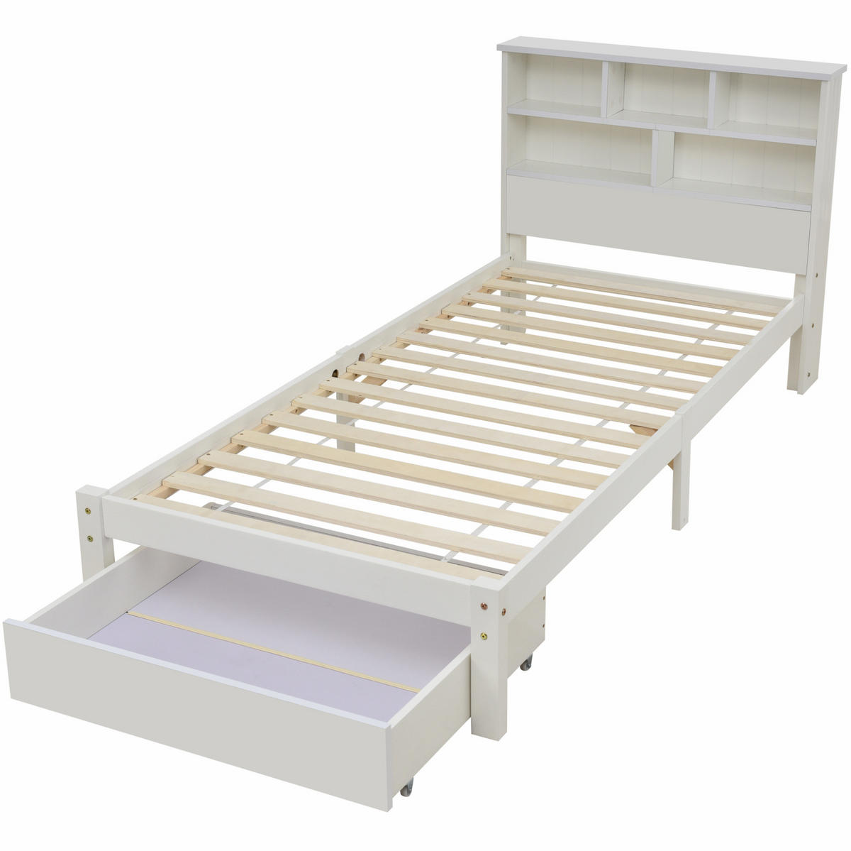 BETT 90/200 cm in Weiß mit Bücherregal-Kopfteil und Schubladen aus Massivholz - Weiß, Holz (90/200cm) - BEAOK