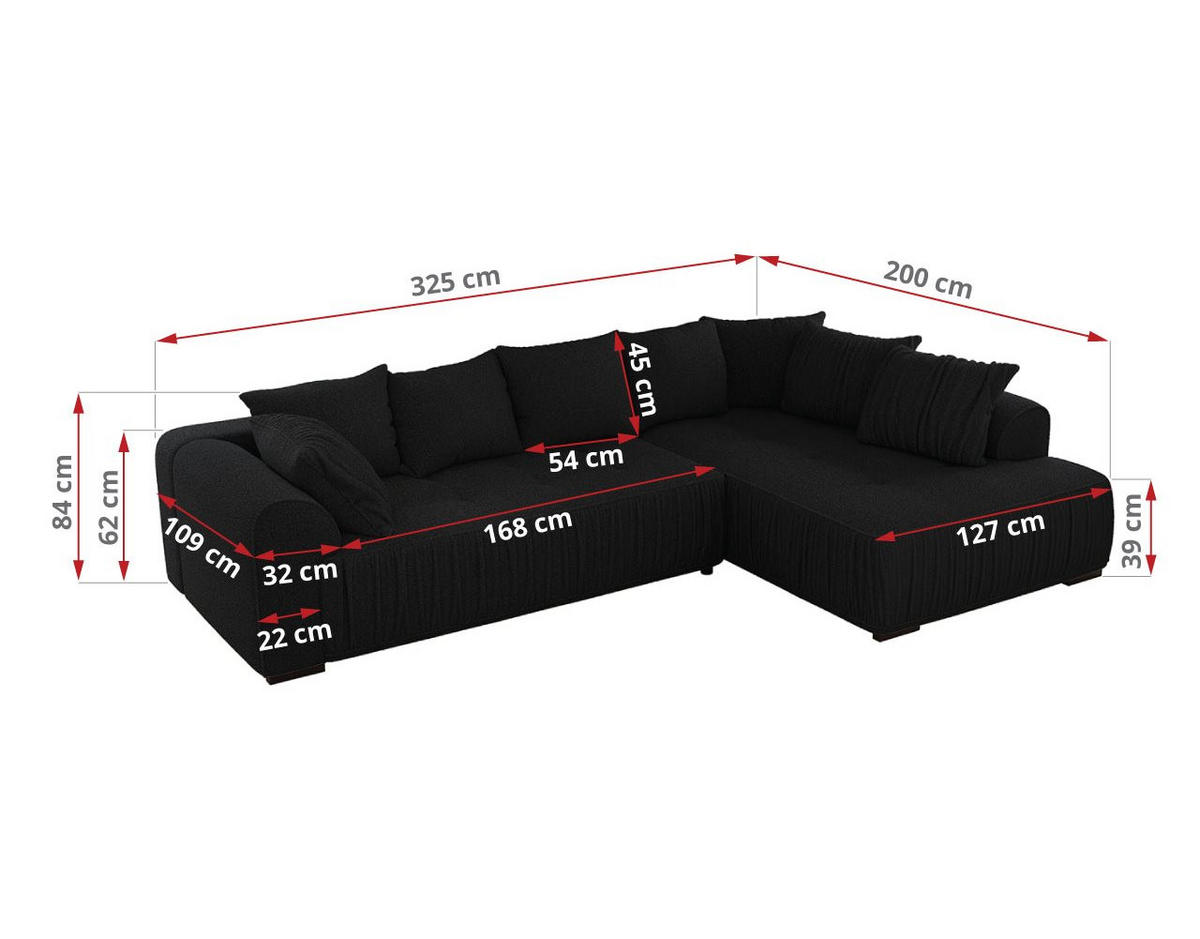 ECKSOFA ORTA Schwarz Boucle - Links - Schwarz, Textil (325/200cm) - MKS