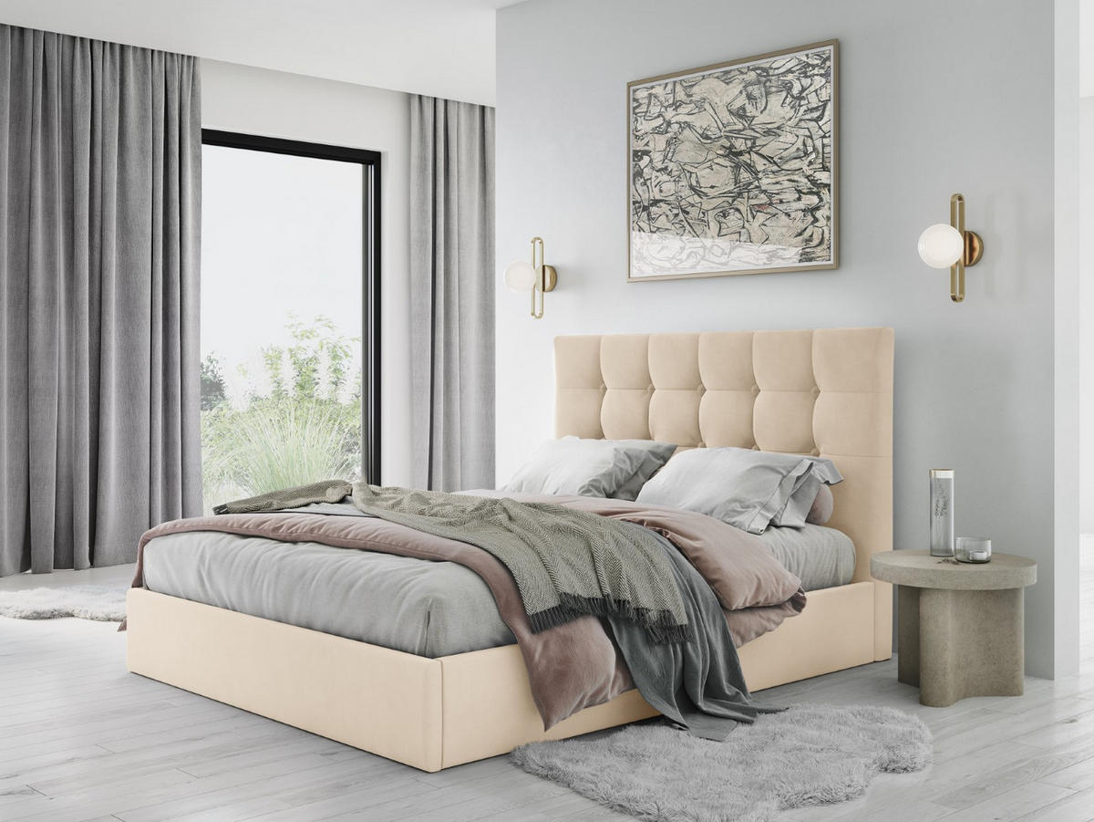 BETT mit Bettkasten und Kopfteil Phaedra aus Samt beige 180x200cm - Beige, Textil (180/200cm) - Micadoni