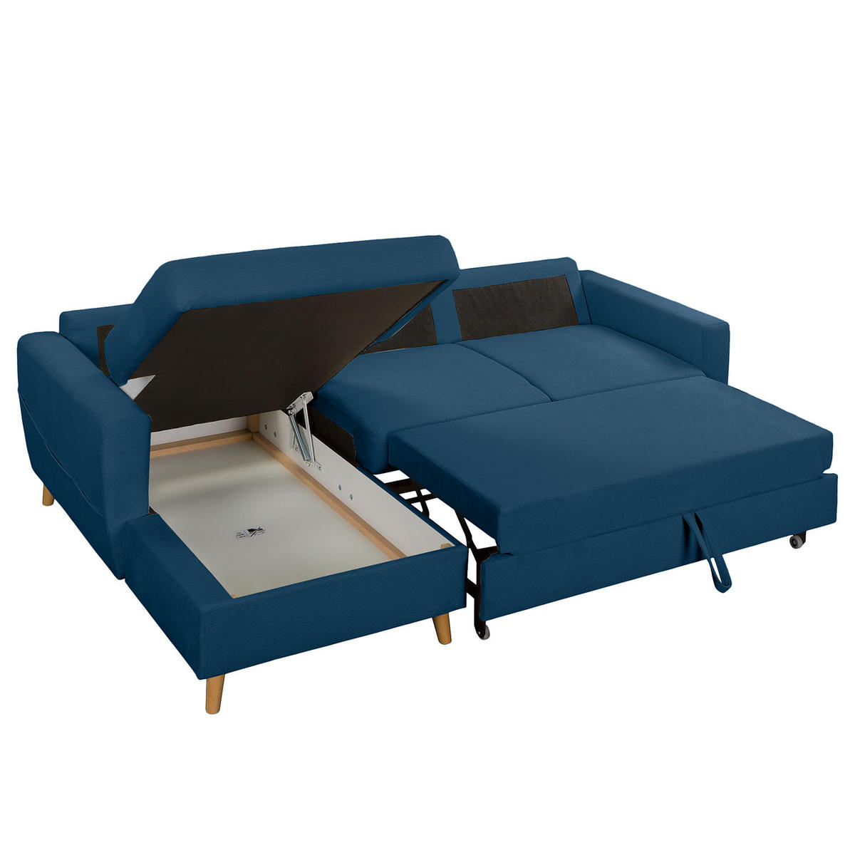 ECKSOFA mit Longchair - Blau/Braun, Holz/Textil (223/148cm) - home24