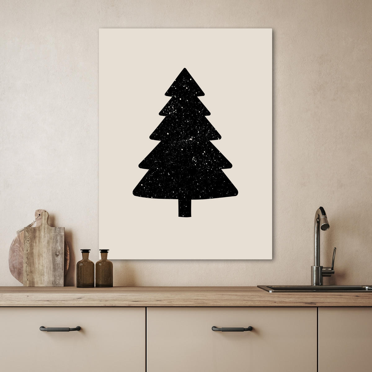 LEINWANDBILD Weihnachtsbaum - Schwarz - Urlaub - Beige 60x80 cm - Schwarz, Textil (60/80cm) - MuchoWow