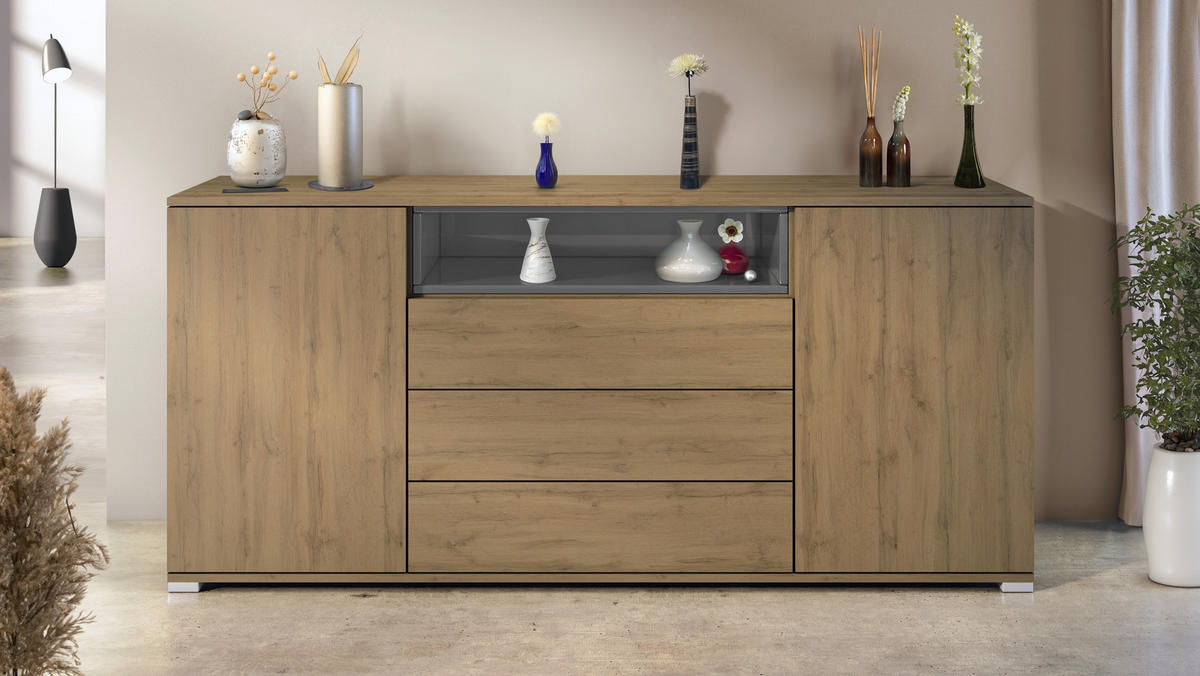 SIDEBOARD Skadu Grau Hochglanz - Grau, Holzwerkstoff (166.5/75.5/35cm) - Vladon