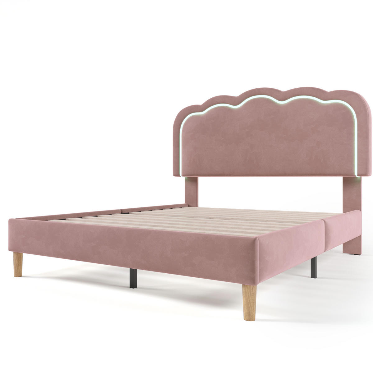 POLSTERBETT aus Samt 140x200 cm in Rosa mit LED-Kopfteil - Rosa, Textil (140/200cm) - Modfu