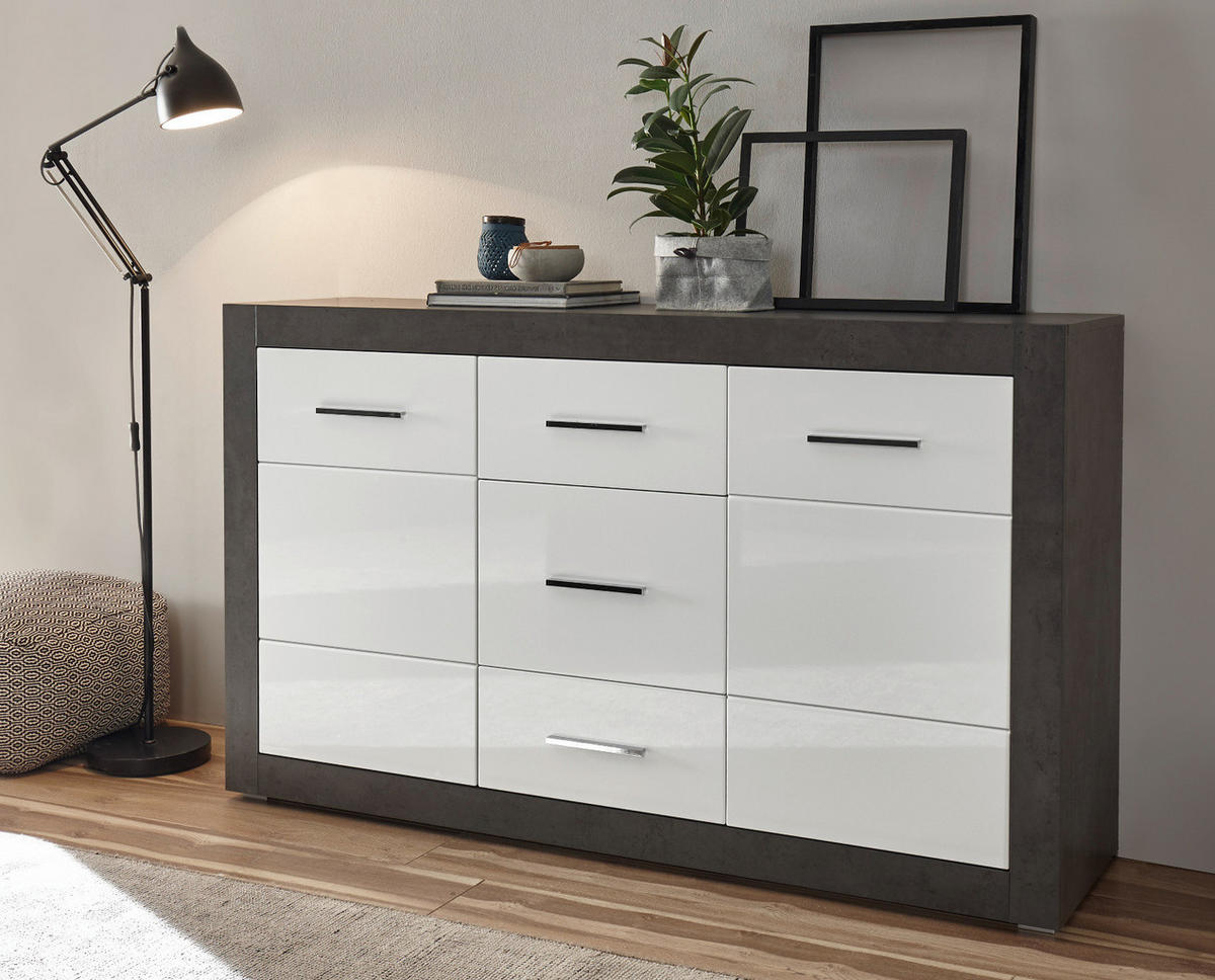 SIDEBOARD weiß Hochglanz, grau Stone 164 cm, Kommode mit viel Stauraum - Chromfarben/Weiß Hochglanz, Holzwerkstoff/Kunststoff (164/97/42cm) - Furn.Design