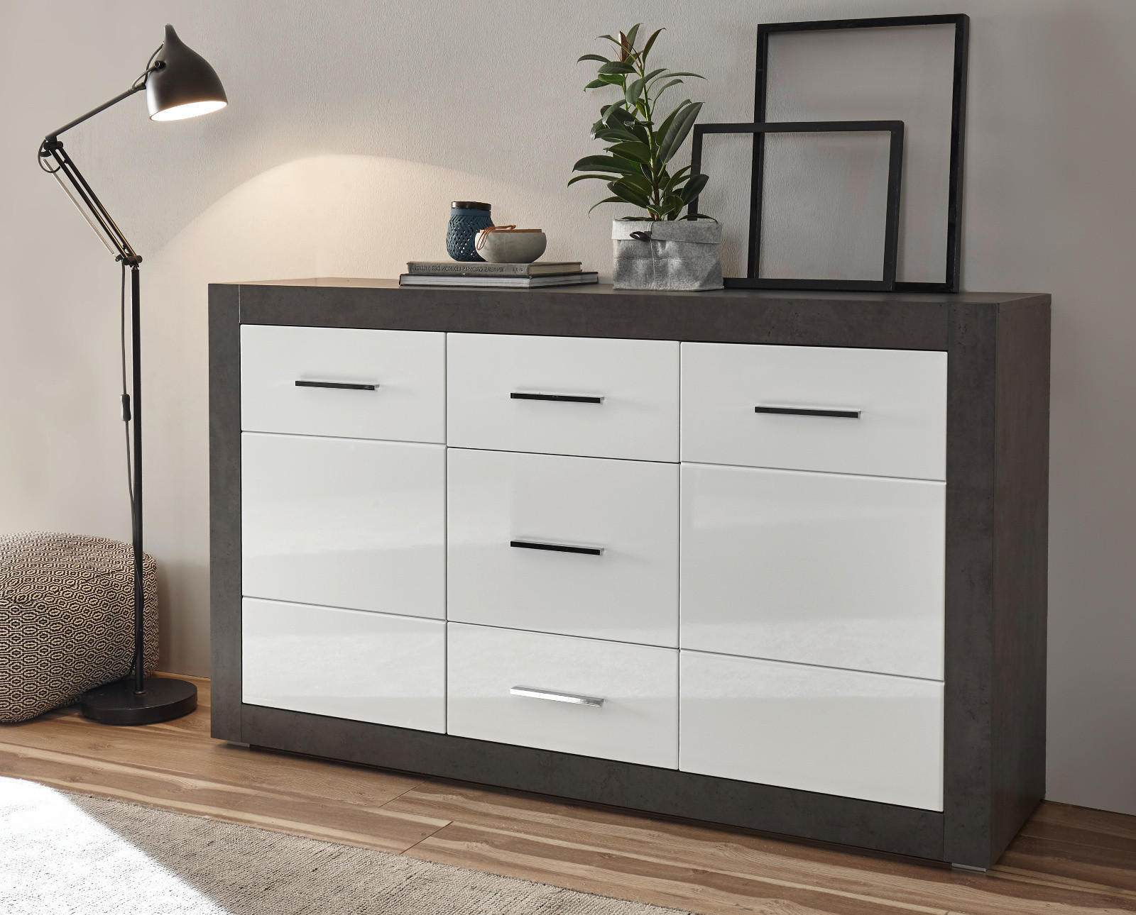 Thumbnail - Furn.Design Sideboard, Weiß Hochglanz, Grau, Holzwerkstoff, Nachbildung, Uni, 4 Fächer, 3 Schubladen, 164x97x42 cm, Wohn...