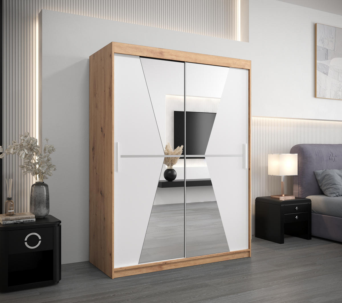 SCHWEBETÜRENSCHRANK 200/150/62 2-türig - Silberfarben/Eiche Artisan, Holz/Kunststoff (150/200/62cm) - Abiks Möbel