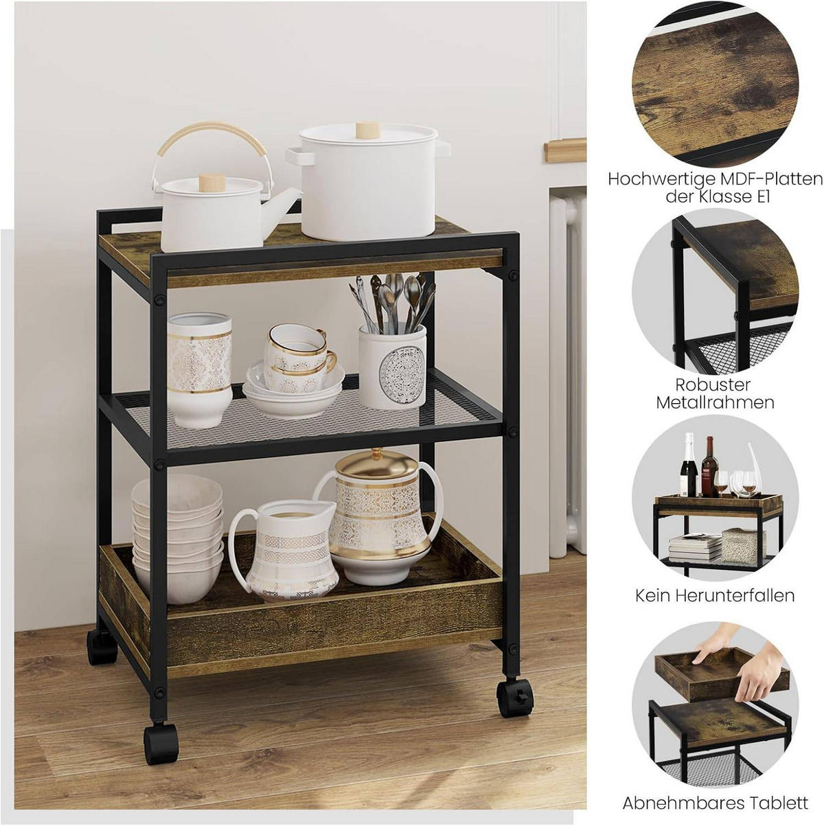 BEISTELLTISCH, mit Rollen, 3 Ablagen 1 abnehmbares Tablett - Dunkelbraun/Schwarz, Holzwerkstoff/Metall (28.5/41.5/51.5cm) - Woltu