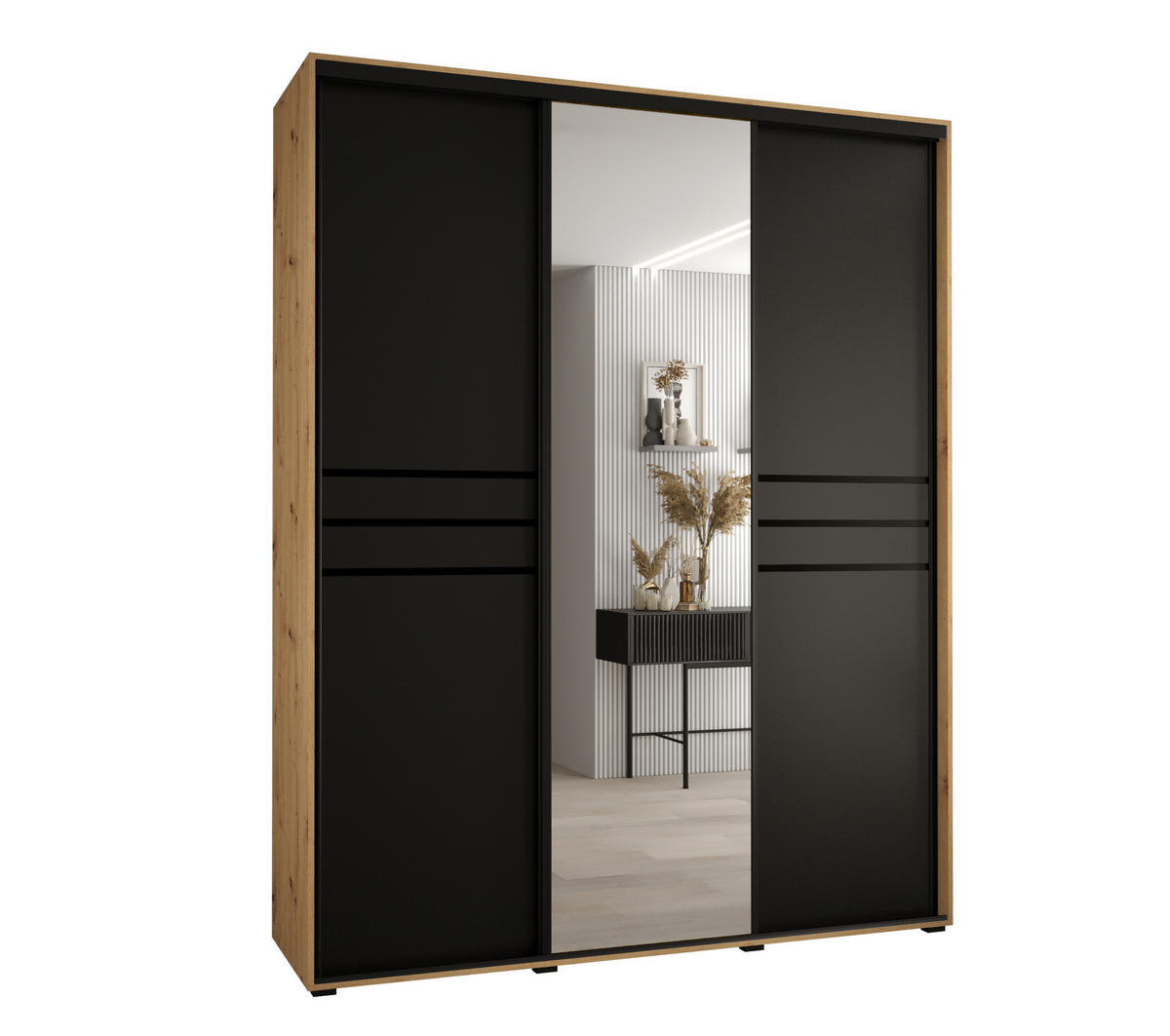 SCHWEBETÜRENSCHRANK 235,2/200/45 3-türig - Schwarz/Eiche Artisan, Holz/Metall (200/235/45cm) - Abiks Möbel