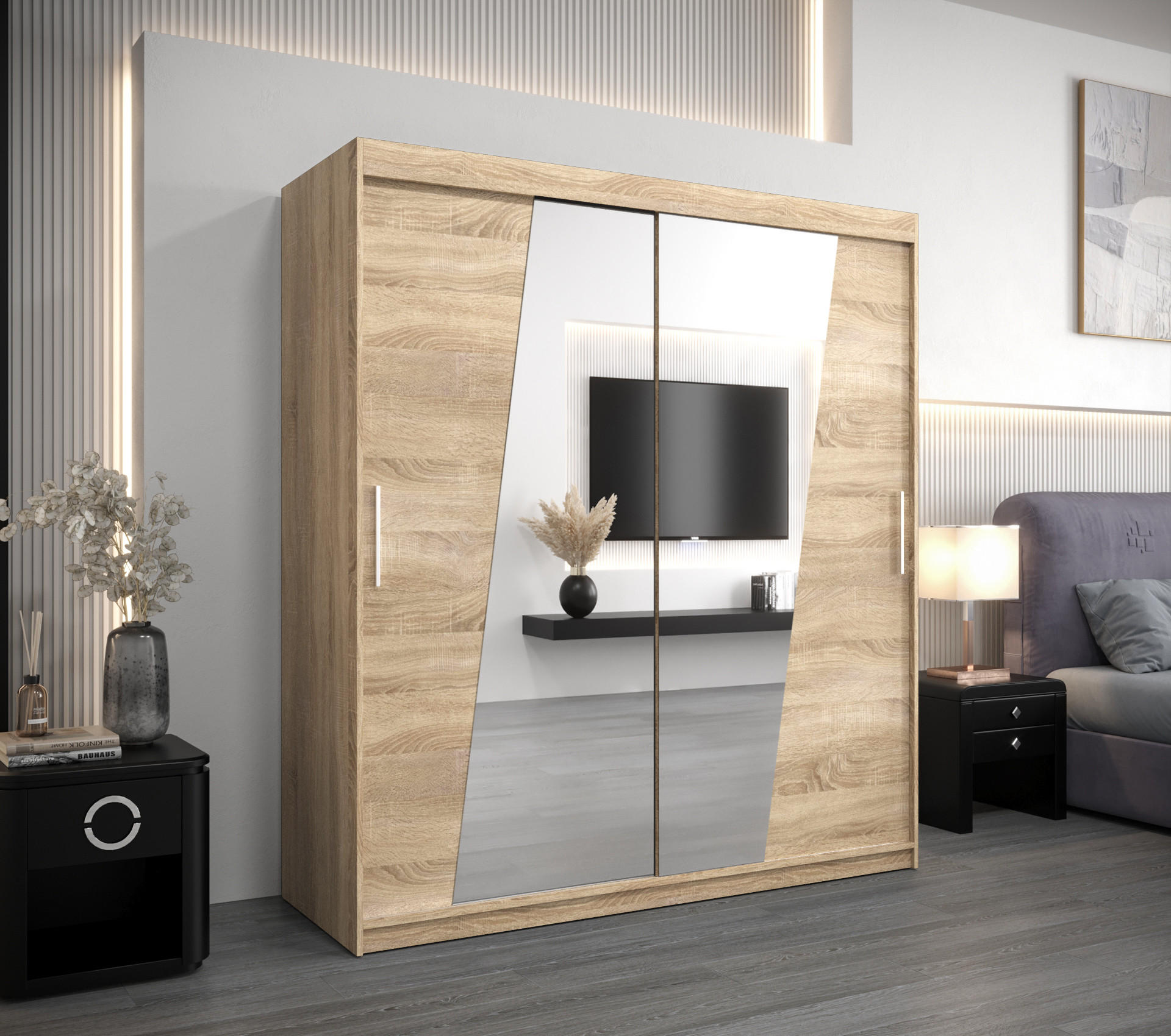SCHWEBETÜRENSCHRANK 200/180/62 2-türig - Silberfarben/Sonoma Eiche, Holz/Kunststoff (180/200/62cm) - Abiks Möbel