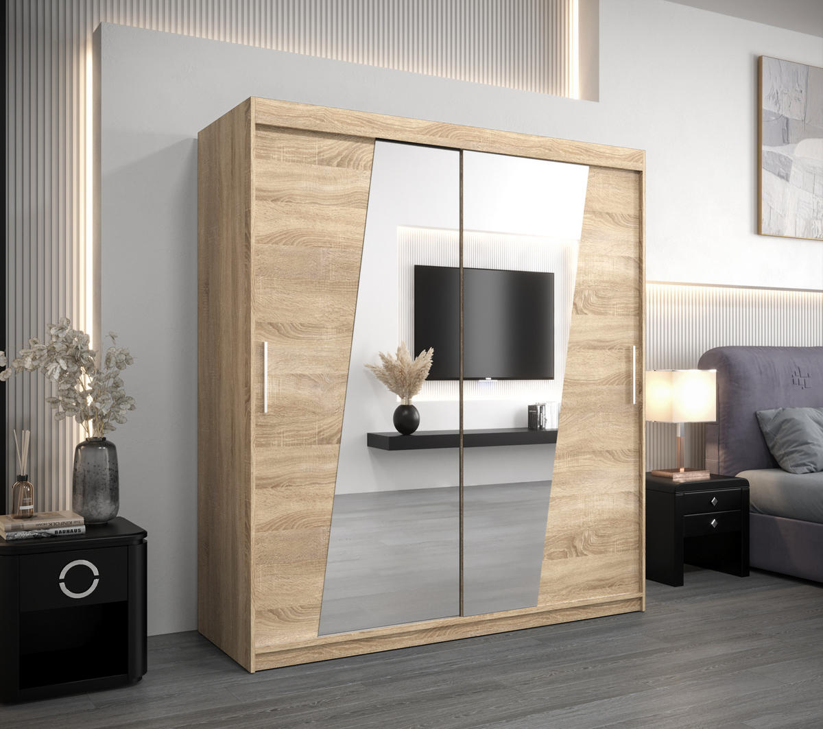 SCHWEBETÜRENSCHRANK 200/180/62 2-türig - Silberfarben/Sonoma Eiche, Holz/Kunststoff (180/200/62cm) - Abiks Möbel
