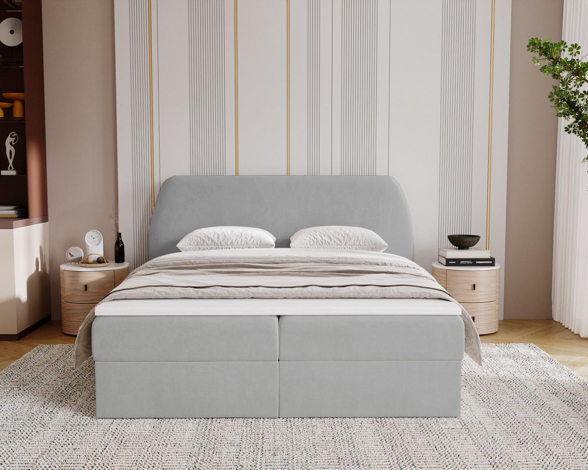 BOXBETT Bloom mit abgerundetem Kopfteil, Stoff Komodo Hellgrau 140x200 cm - Hellgrau, Holz (140/200cm) - Kaiser Möbel