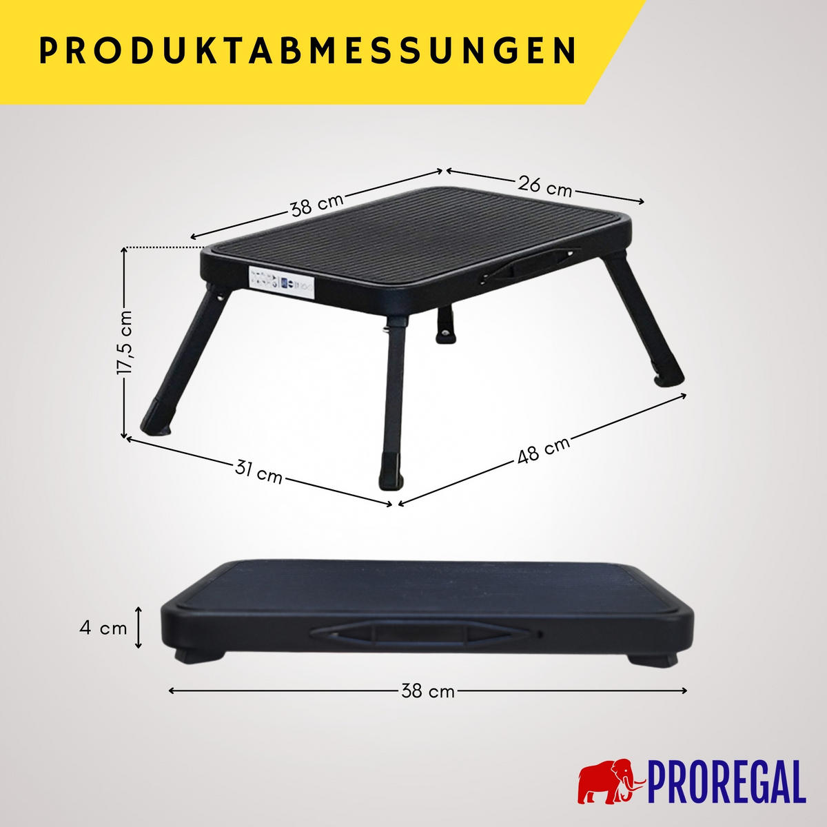 TRITTHOCKER klappbar 18x47x32cm Traglast 150kg Stahl Matt Schwarz - Schwarz, Kunststoff/Metall (47/18/32cm)