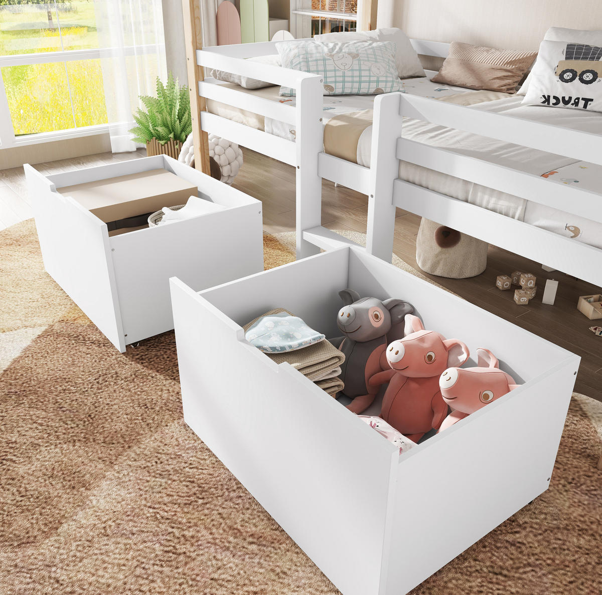 DOMČEKOVÁ posteľ 90/200 cm biela/prírodná so schodíkmi a úložnými skrinkami z masívu a MDF - biela, kompozitné drevo (90/200cm) - OKWISH
