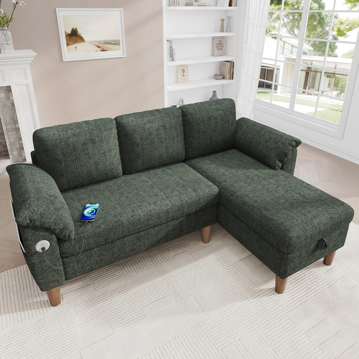 ECKSOFA 181/125/88 cm Grün mit Stauraum-Chaiselongue und USB/Type-C-Ladeanschluss - Grün, Textil (181/125cm) - Oxeza