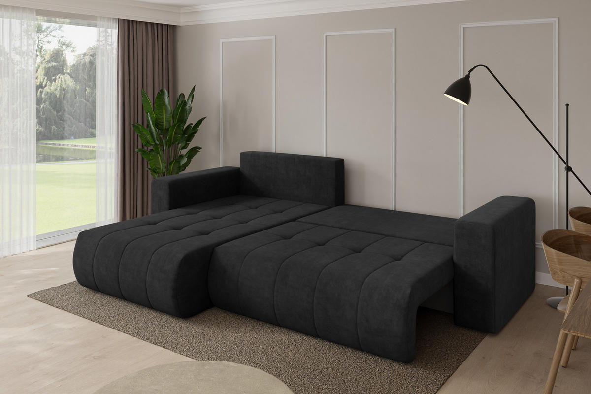 ROHOVÁ SEDAČKA s funkcí spaní, otoman vlevo MILA-L 277x194x86 černá velur - černá, kompozitní dřevo/textil (277/194cm) - ALTDECOR