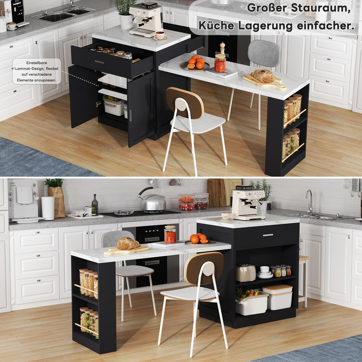 KÜCHENINSEL 211x55x89.5cm Schwarz mit ausziehbarem Esstisch - Schwarz, Holzwerkstoff (211/89.5/55cm) - Modfu