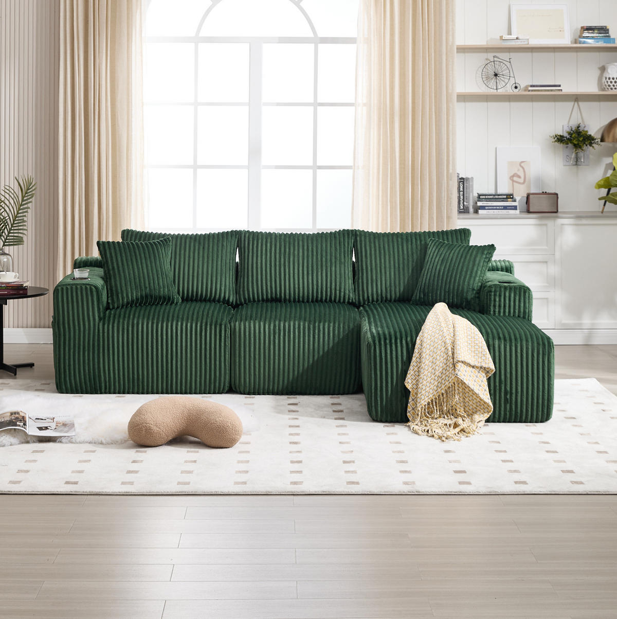 MODULARES Sofa-Set Cord mit Chaiselongue Taschen und Getränkehalter 257/90 160/62 cm Smaragdgrün - Smaragdgrün, Textil (160/257cm) - Redom