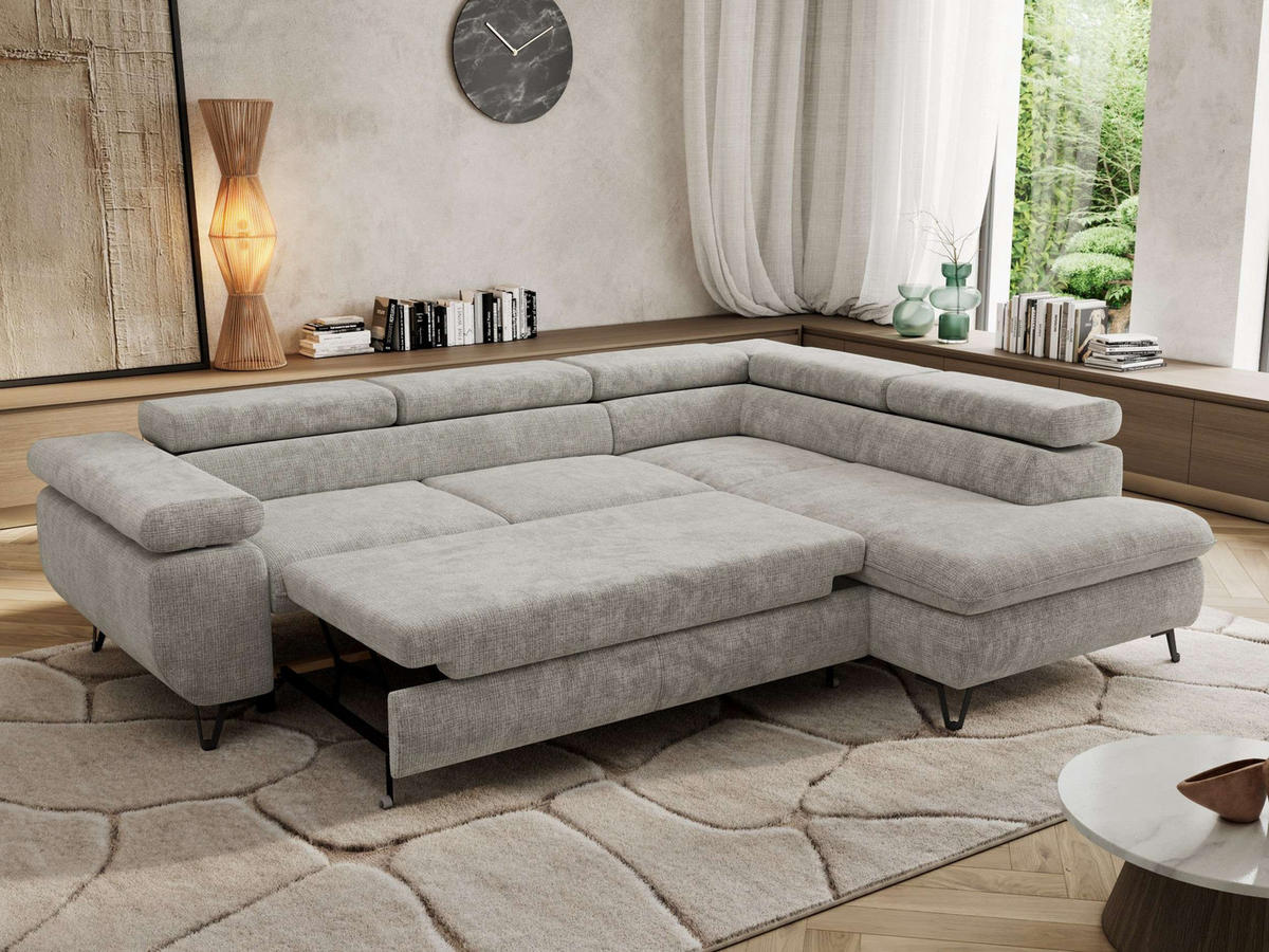 ECKSOFA PABLO L Hellgrau Schenille grob gewebt - Rechts Seite mit T25 Topper - Hellgrau/Schwarz, Textil/Metall (273/208cm) - MKS