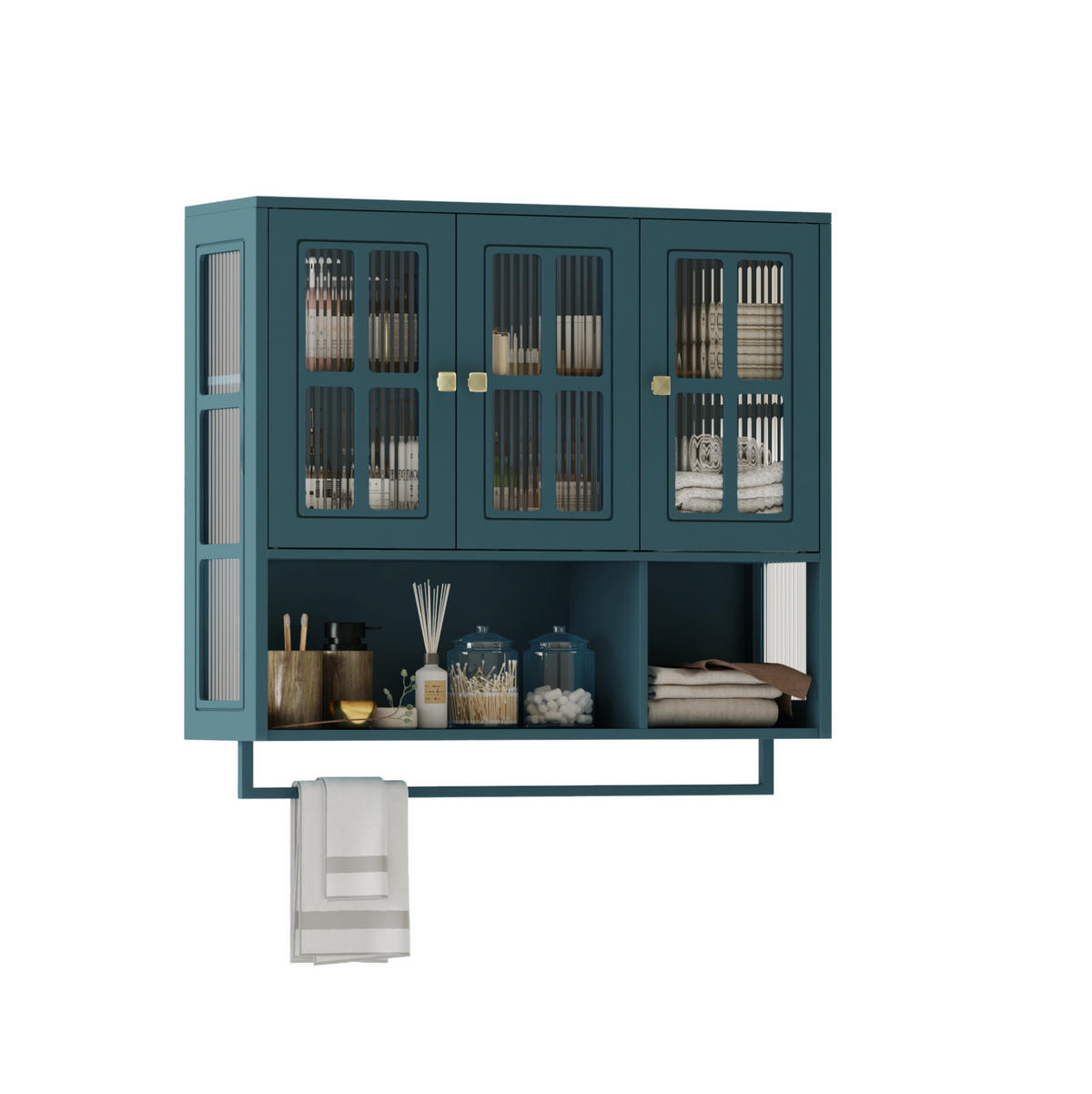 KÜCHENOBERSCHRANK 88/26/82,5 cm mit Glasfront, 3 Türen und Handtuchhalter - Dunkelgrün, Holzwerkstoff (88/82.5/26cm) - BEAOK