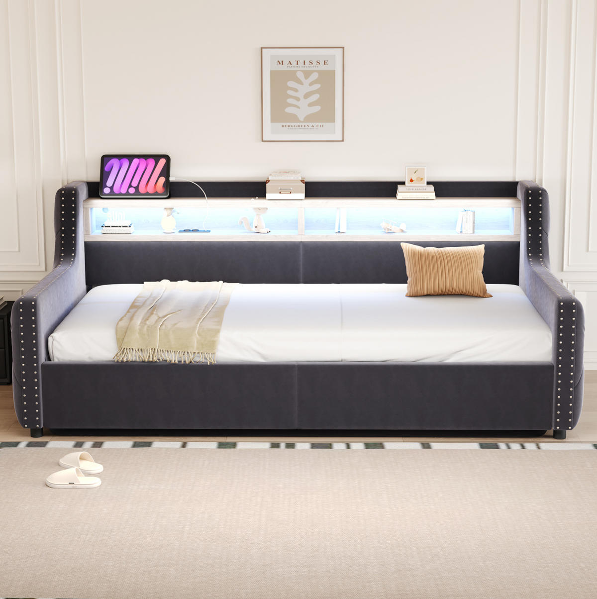 SCHLAFSOFA 90/200 cm dunkelgrau aus Samt mit Stauraum, LED und Ladeanschlüssen - Grau, Textil (90/200cm) - OKWISH