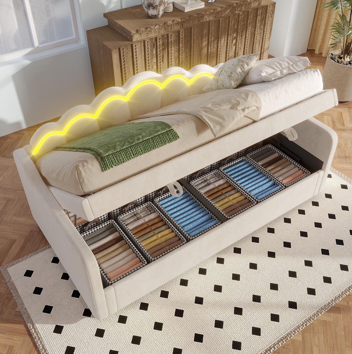 TAGESBETT 90/200 cm beige mit hydraulischem Stauraum und LED-Beleuchtung - Beige, Textil (90/200cm) - OKWISH