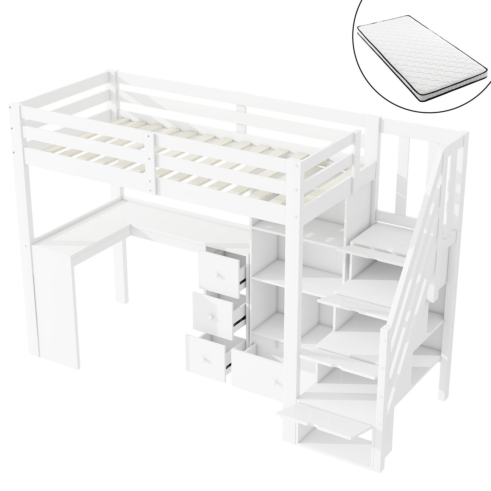 HOCHBETT 90/200 cm Weiß mit Schreibtisch und Stauraum mit Matratze - Weiß, Holzwerkstoff (90/200cm) - OKWISH