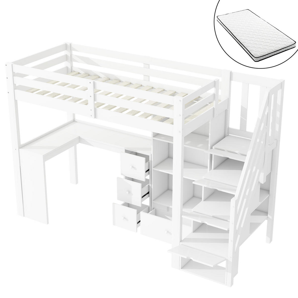 HOCHBETT 90/200 cm Weiß mit Schreibtisch und Stauraum mit Matratze - Weiß, Holzwerkstoff (90/200cm) - OKWISH