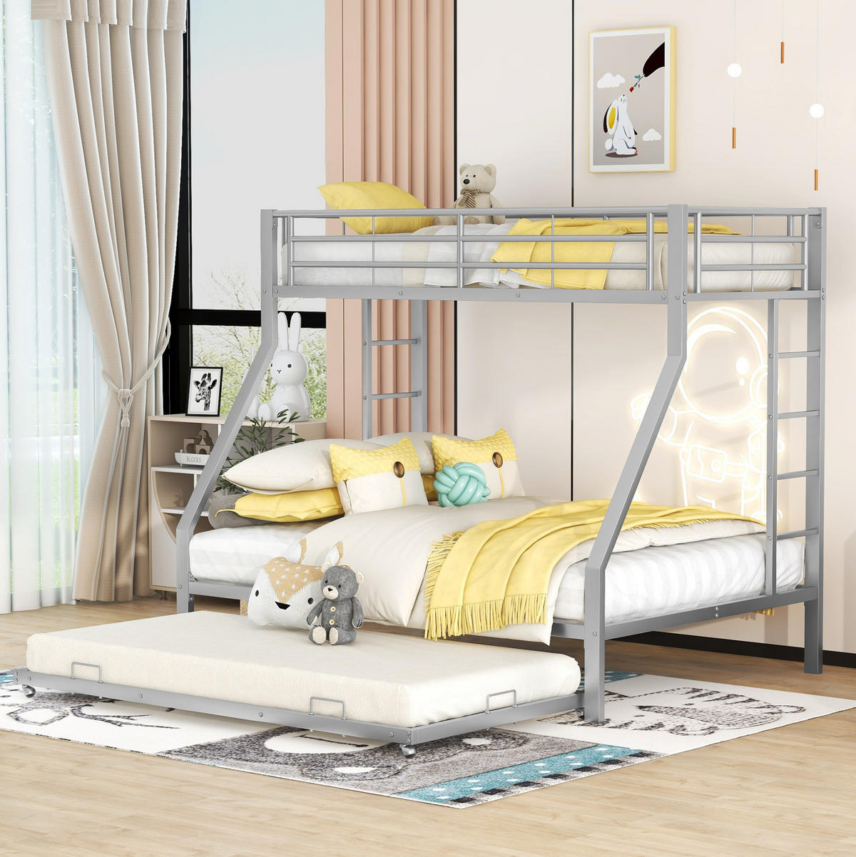 METALL-ETAGENBETT 90/140x200 cm in Silber mit Ausziehbett und Leitern auf beiden Seiten - Silberfarben, Metall (140/200cm) - IVMEU