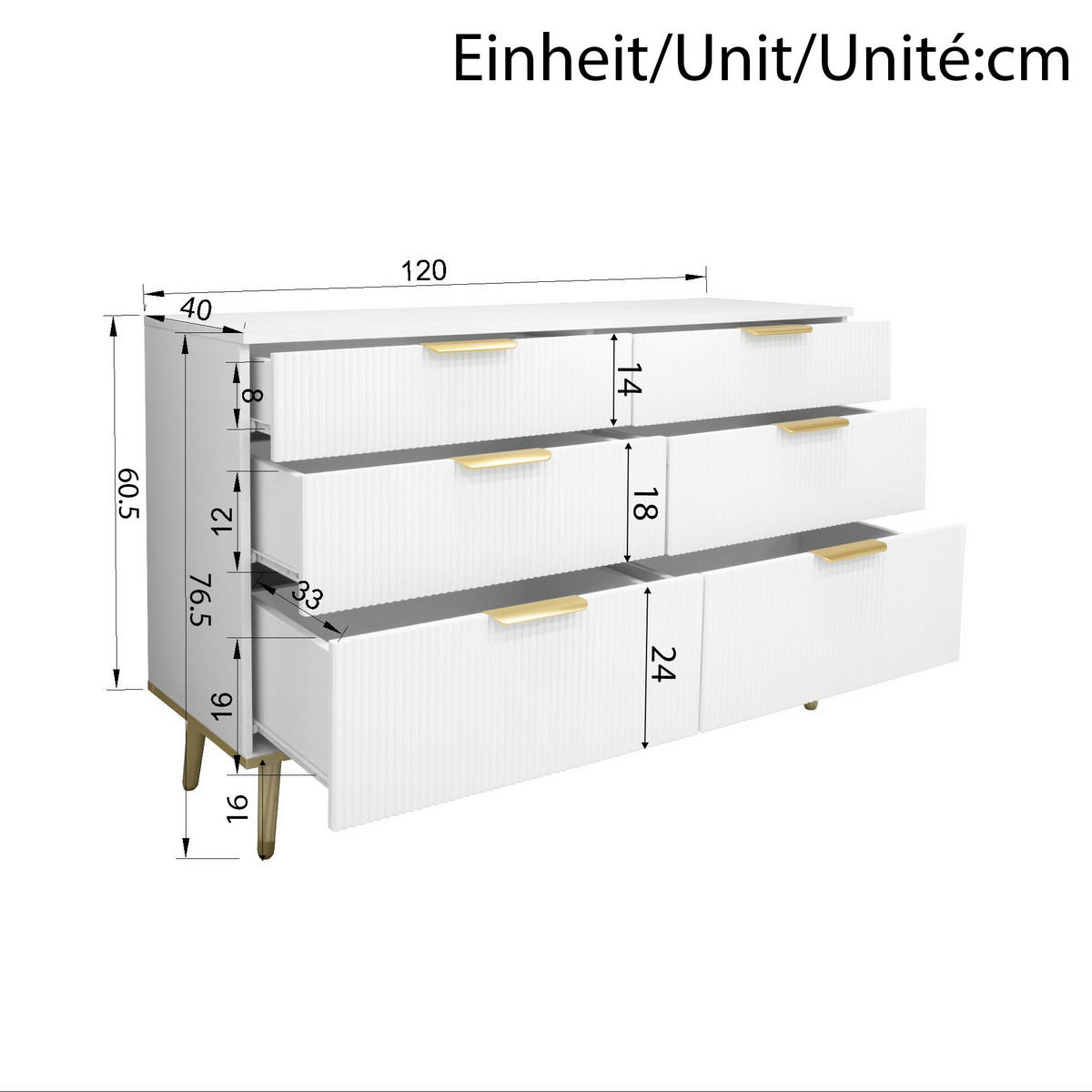 KOMMODE aus Spanplatte 120x40x76,5 cm Weiß mit 6 Schubladen und Holzoptik-Füßen - Weiß, Holzwerkstoff (120/76.5/40cm) - Modfu